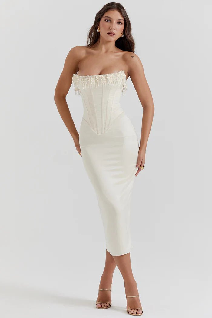 Abito lungo da donna — Scollo senza spalline, design con corpino a corsetto