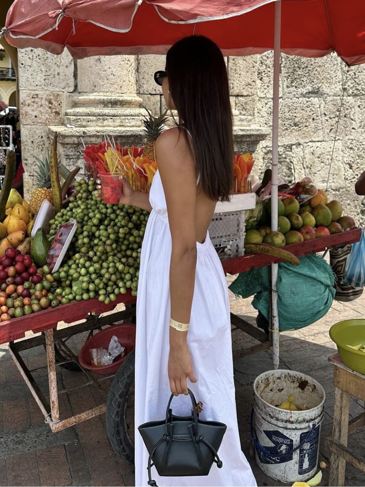 Vestito maxi donna — scollo a V, senza maniche, schiena scoperta, lunghezza completa