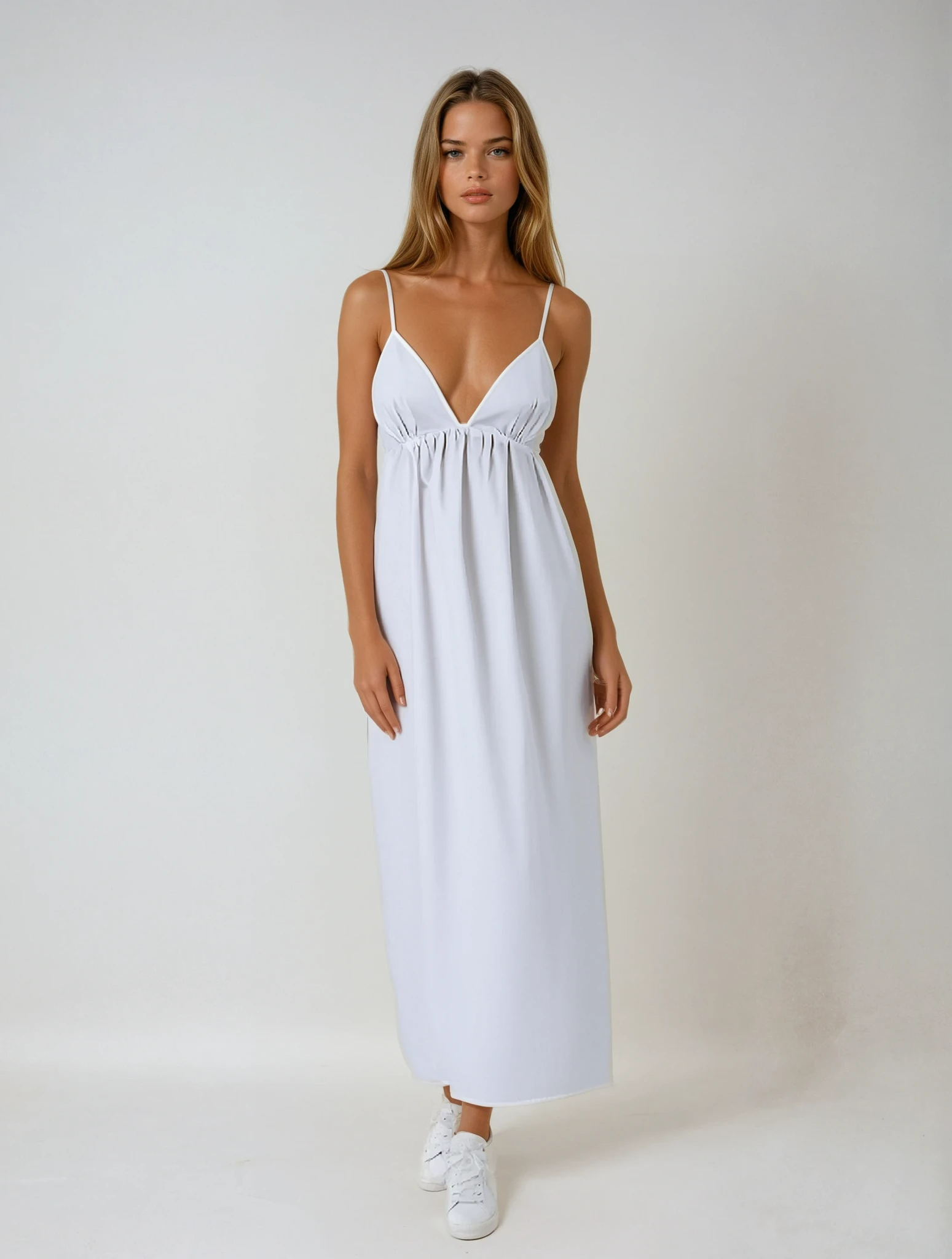 Vestito maxi donna — scollo a V, senza maniche, schiena scoperta, lunghezza completa