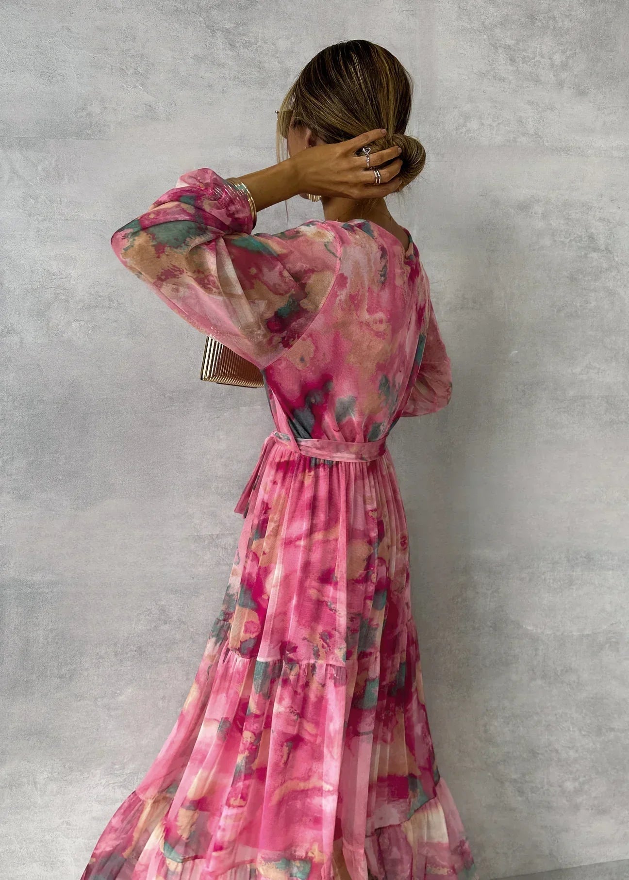 Damen Maxikleid — Wickelverschluss, V-Ausschnitt, langärmlig