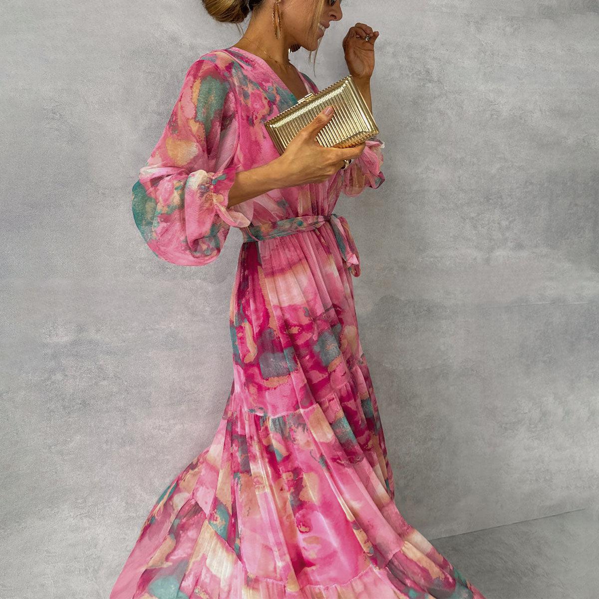 Damen Maxikleid — Wickelverschluss, V-Ausschnitt, langärmlig