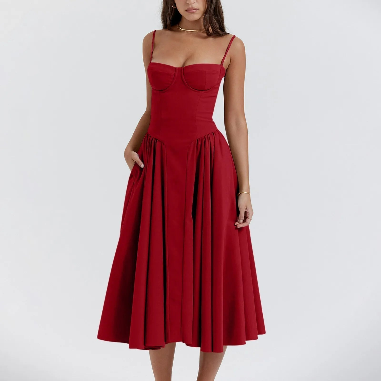 Damen Midikleid — Korsett-Oberteil, plissierter, geraffter Rock
