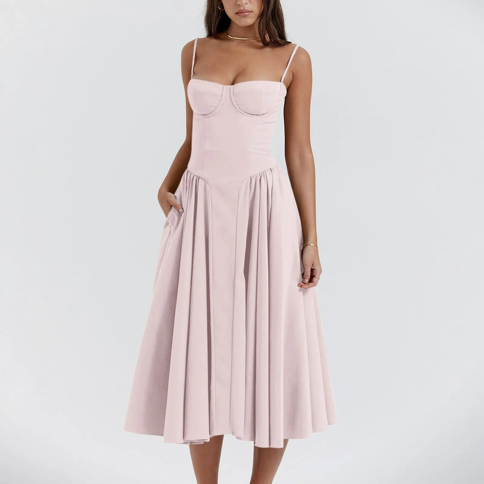 Damen Midikleid — Korsett-Oberteil, plissierter, geraffter Rock