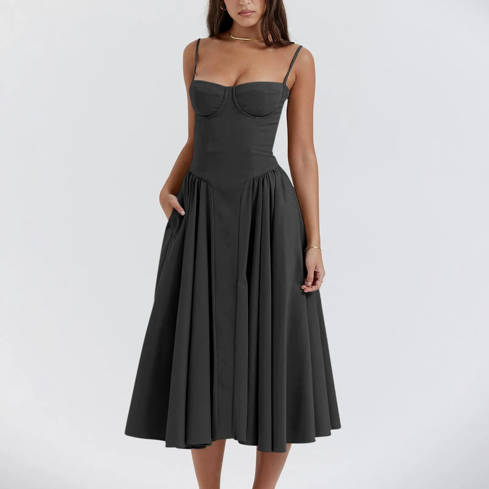 Damen Midikleid — Korsett-Oberteil, plissierter, geraffter Rock