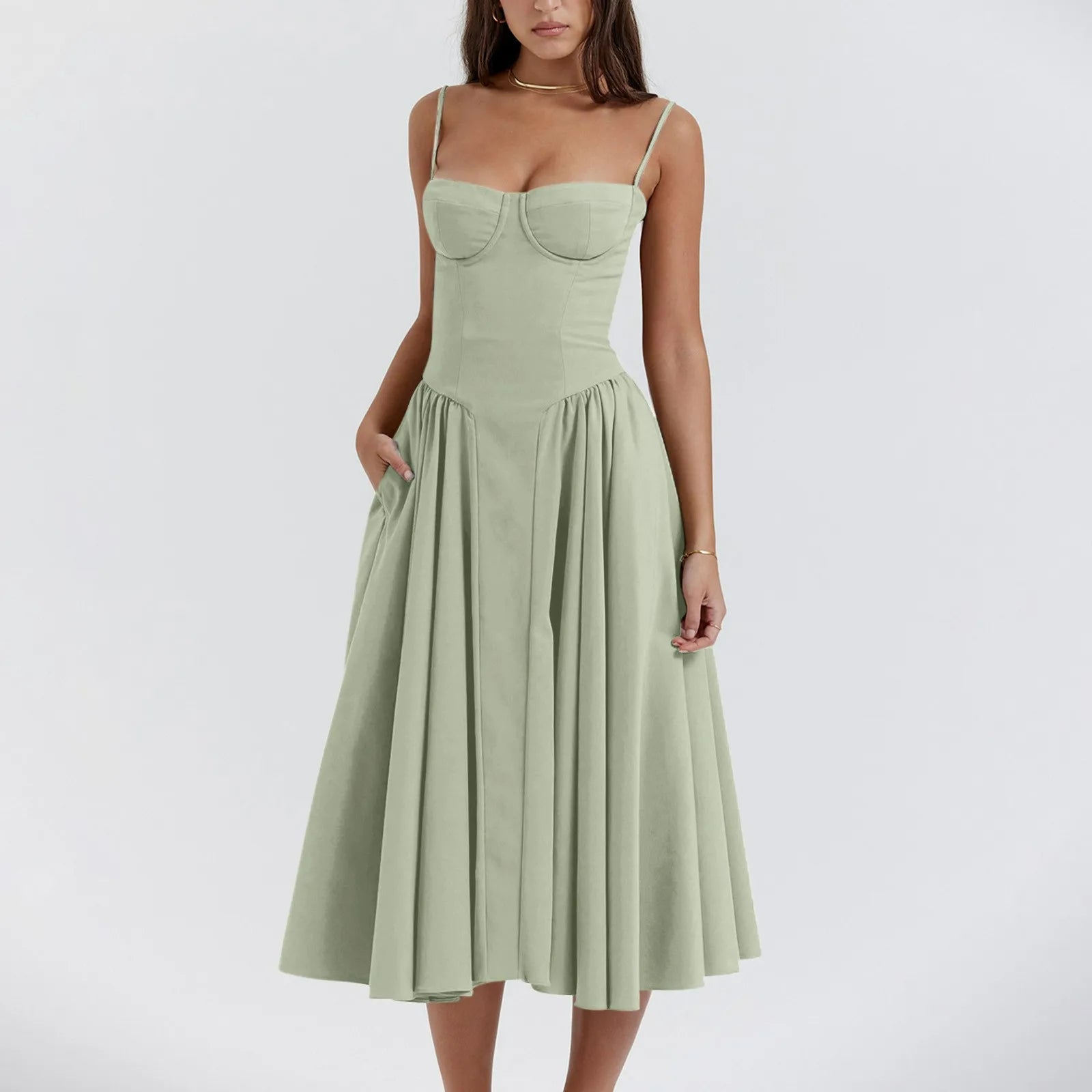 Damen Midikleid — Korsett-Oberteil, plissierter, geraffter Rock