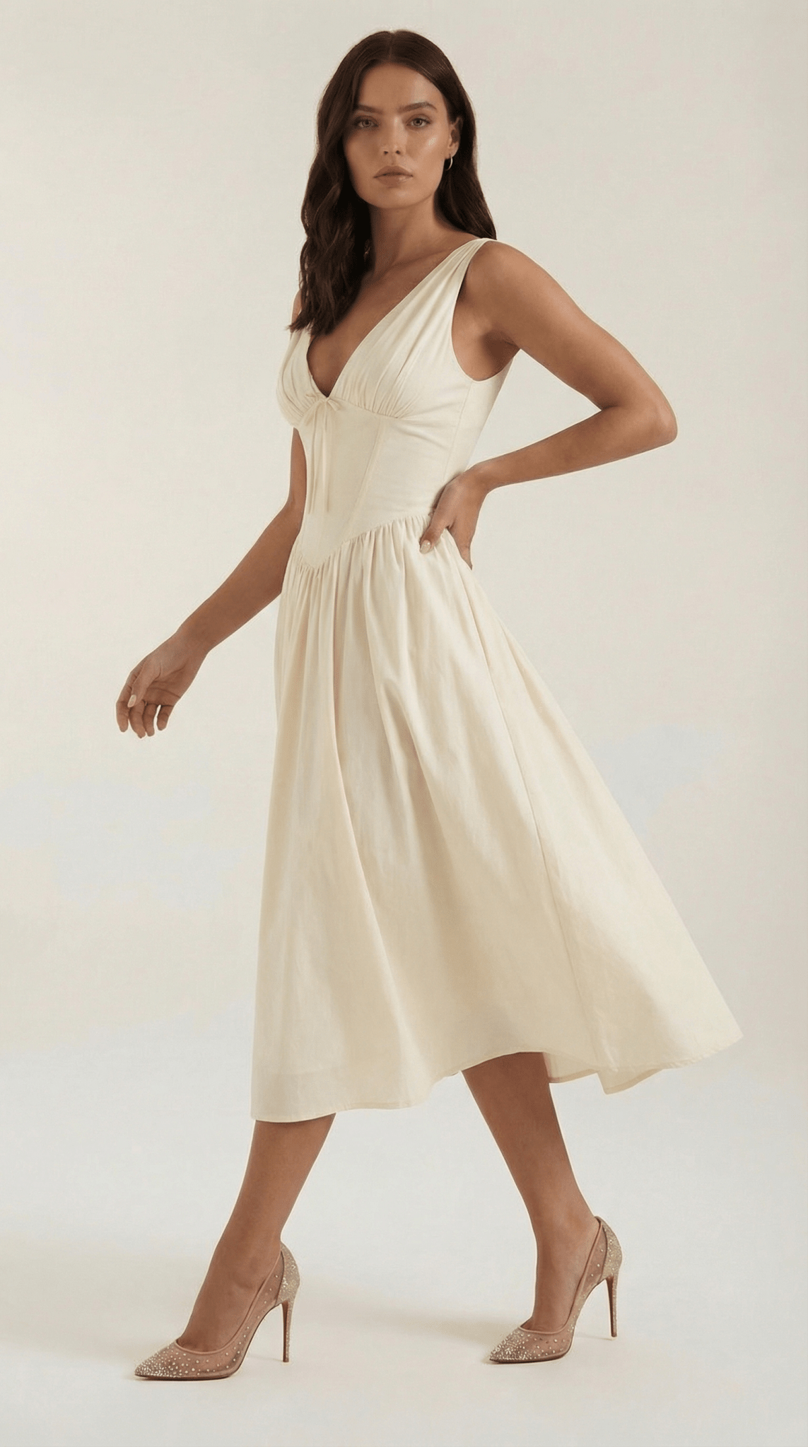 Vestito midi donna — corpetto aderente e scollo a V
