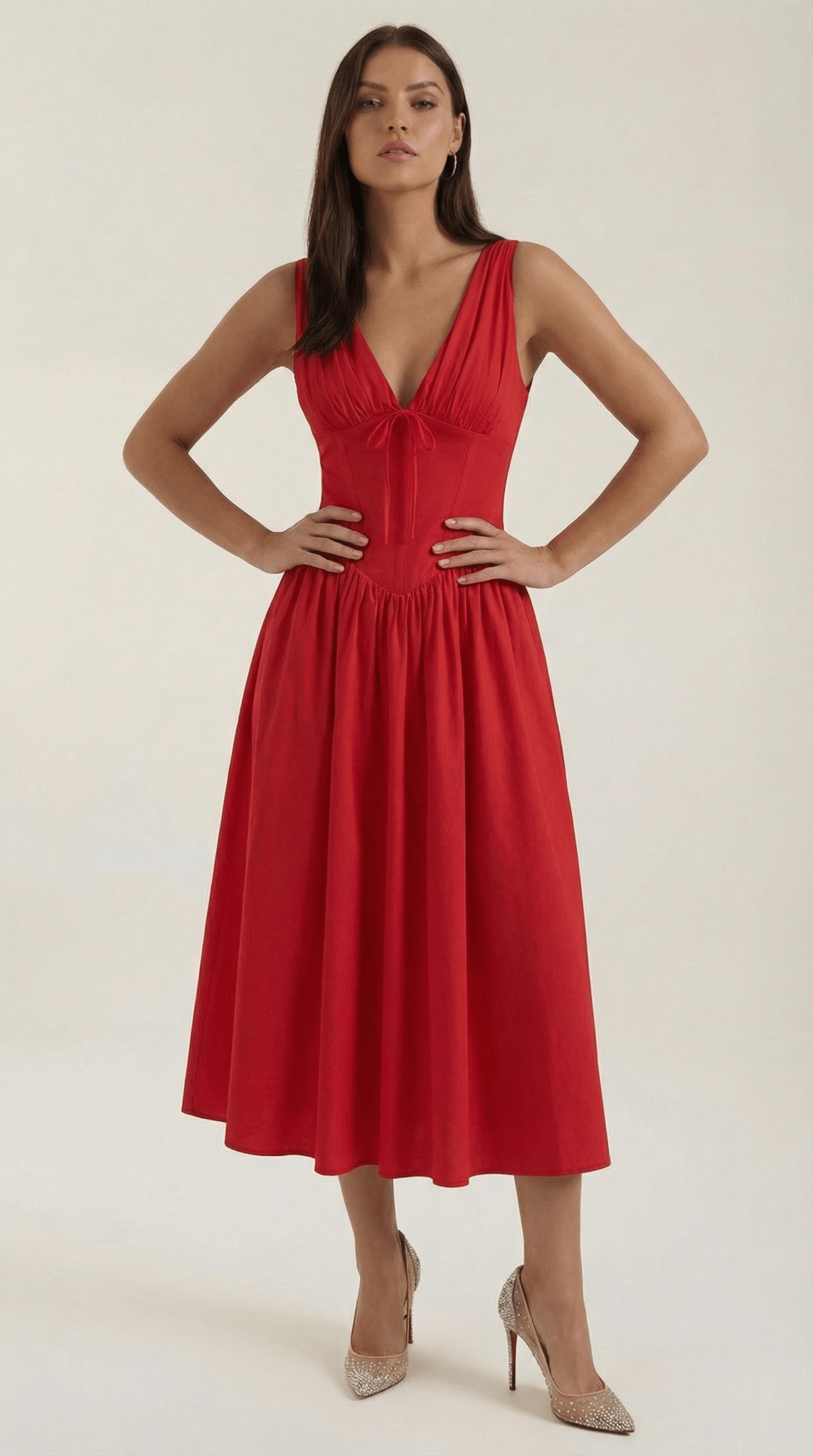 Vestito midi donna — corpetto aderente e scollo a V