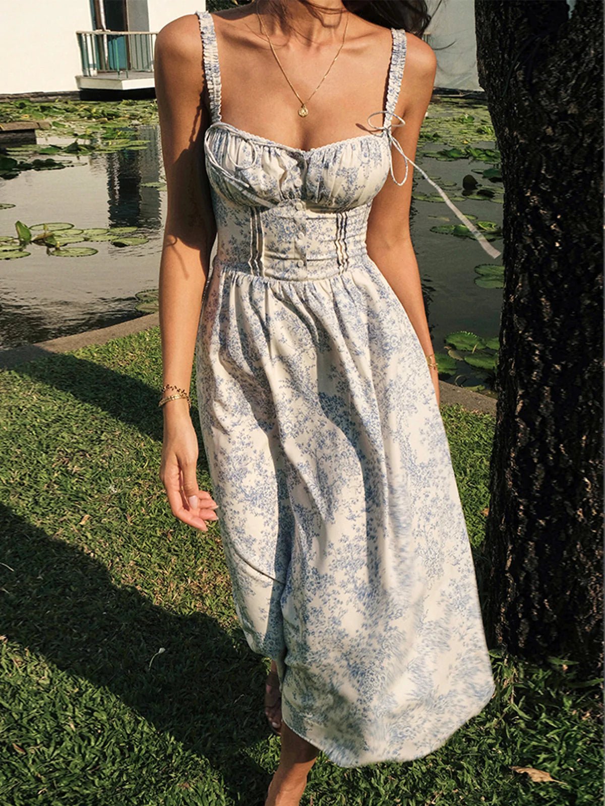 Damen Midikleid — Blumenmuster Korsett-Oberteil Knopfverschluss