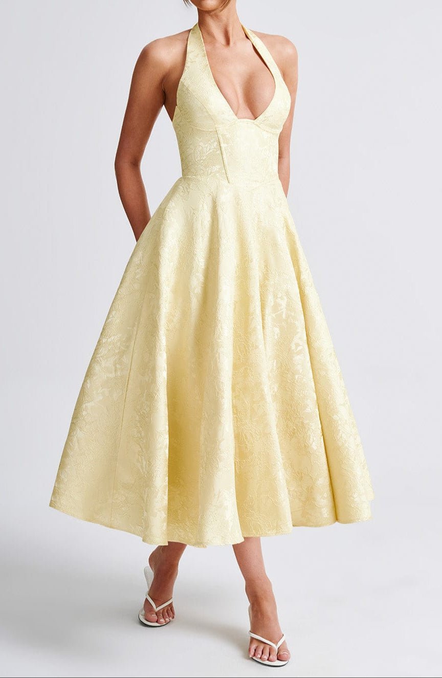Damen-Midikleid — Neckholder, tiefer V-Ausschnitt, florale Jacquard-Details
