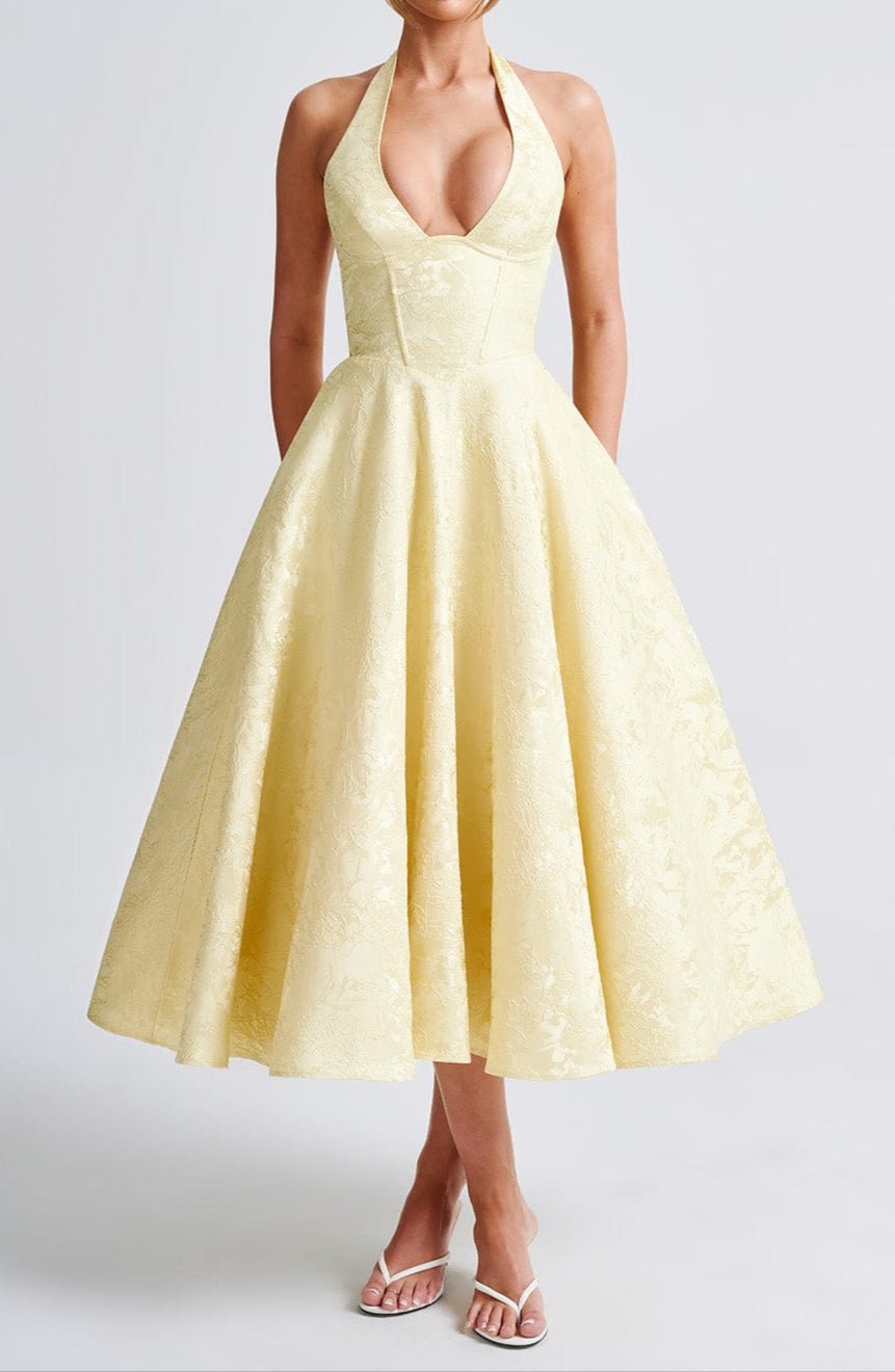 Damen-Midikleid — Neckholder, tiefer V-Ausschnitt, florale Jacquard-Details