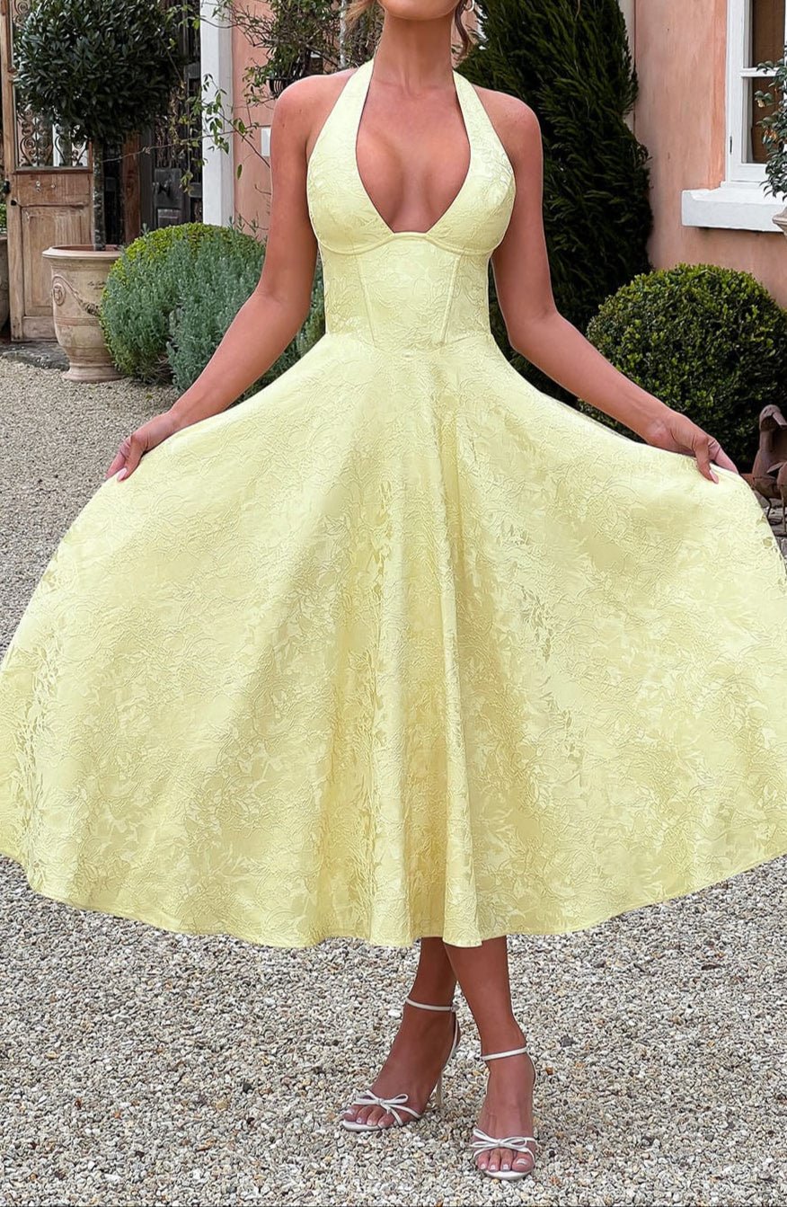 Damen-Midikleid — Neckholder, tiefer V-Ausschnitt, florale Jacquard-Details