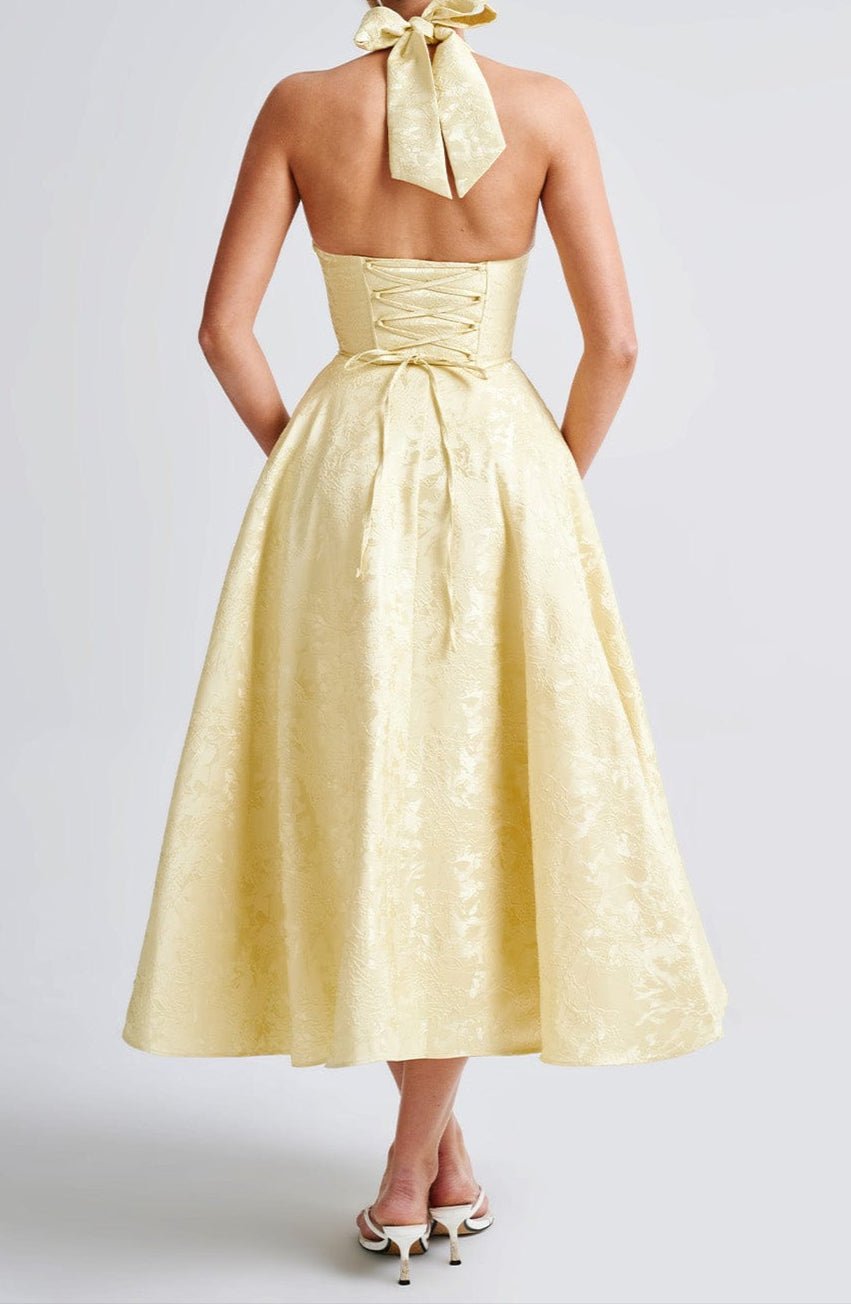Damen-Midikleid — Neckholder, tiefer V-Ausschnitt, florale Jacquard-Details