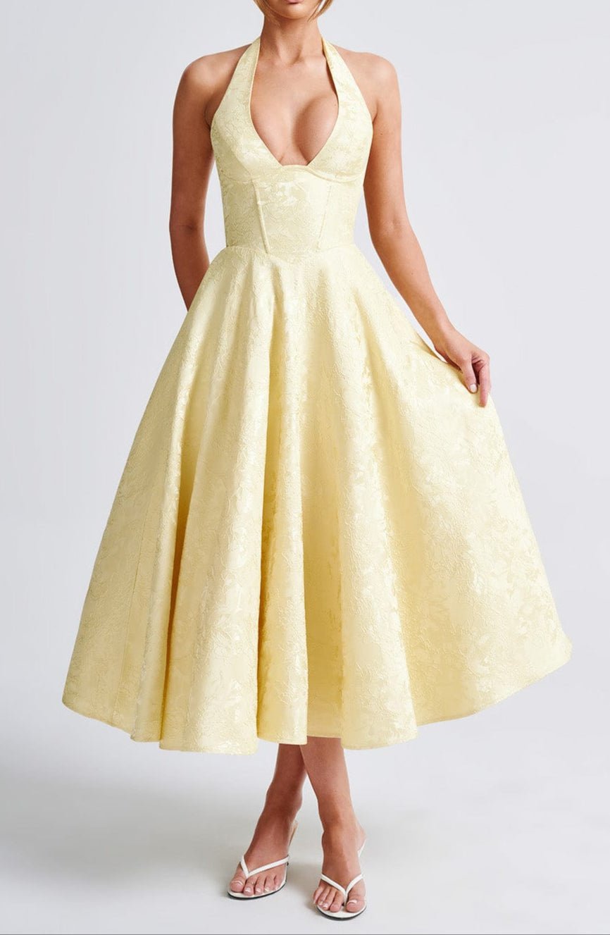 Damen-Midikleid — Neckholder, tiefer V-Ausschnitt, florale Jacquard-Details