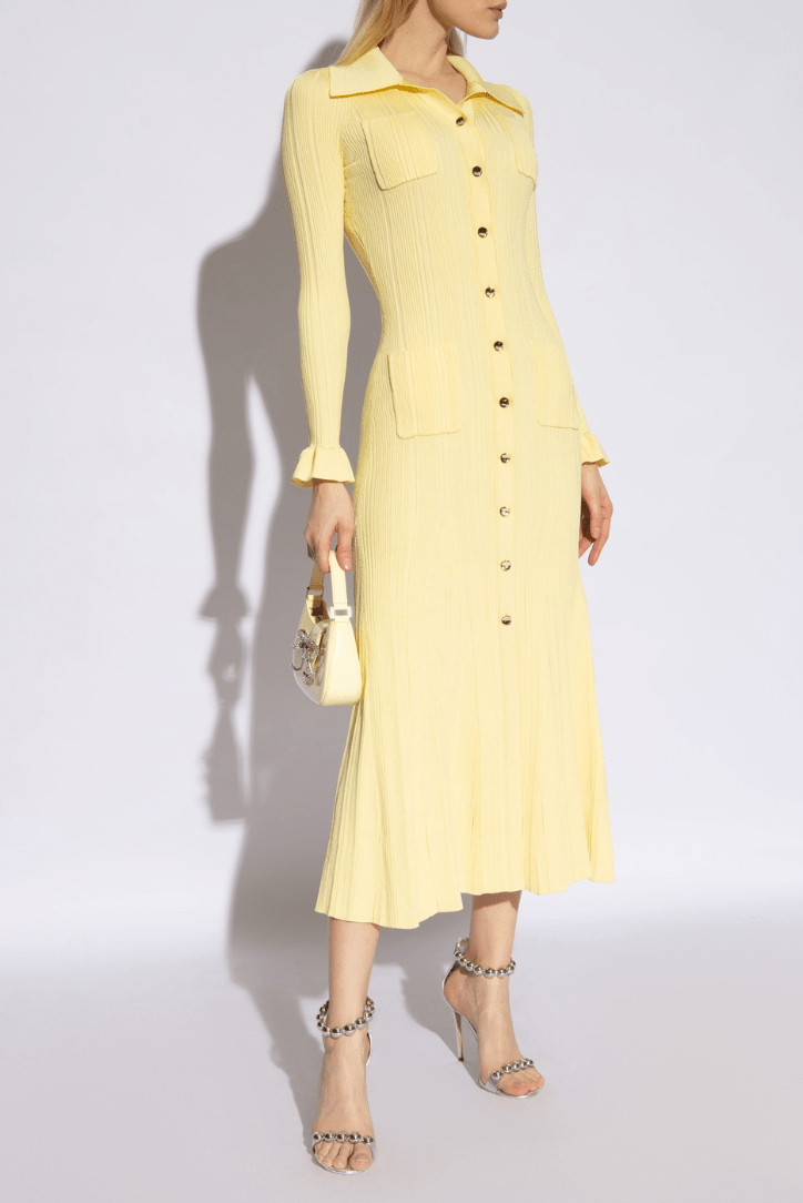 Vestito midi donna — maglia con colletto, maniche corte, bottoni frontali
