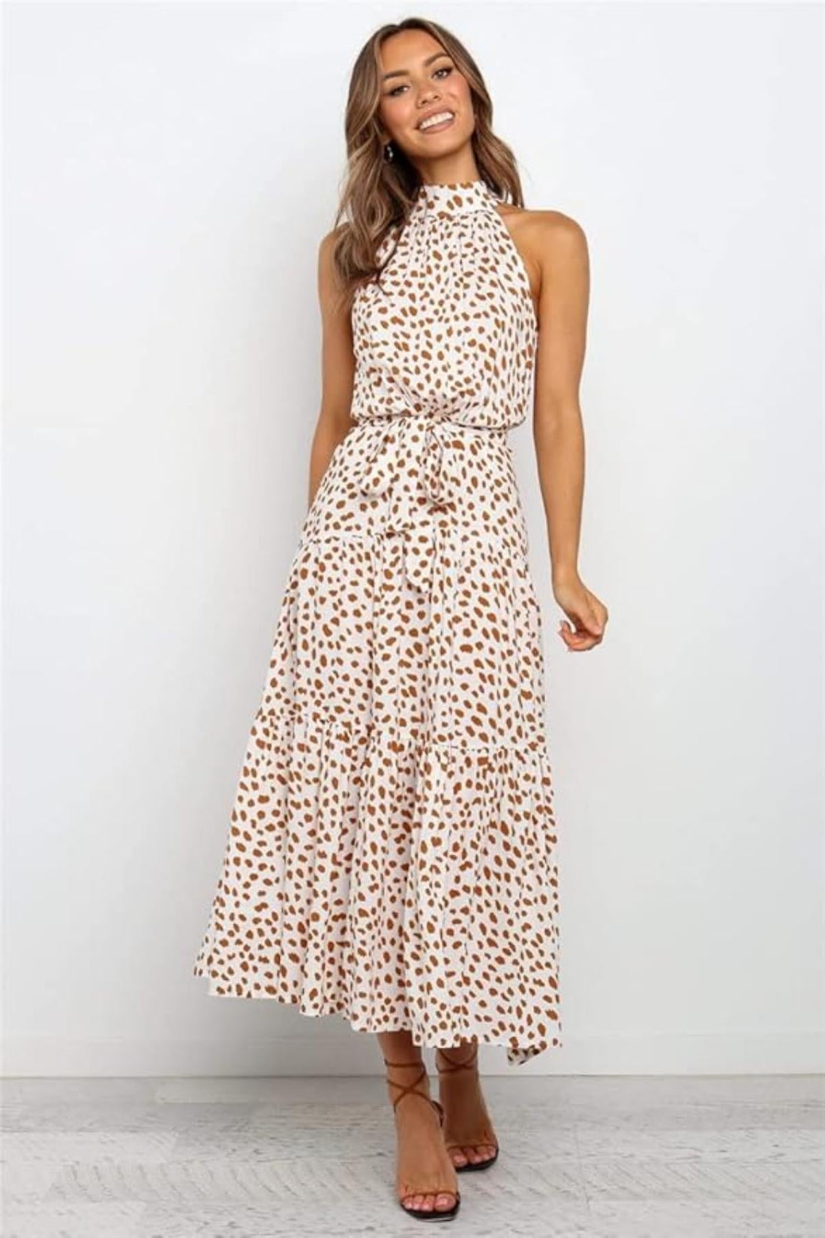 Vestito midi donna — pois, scollo all'americana, cintura annodata in vita