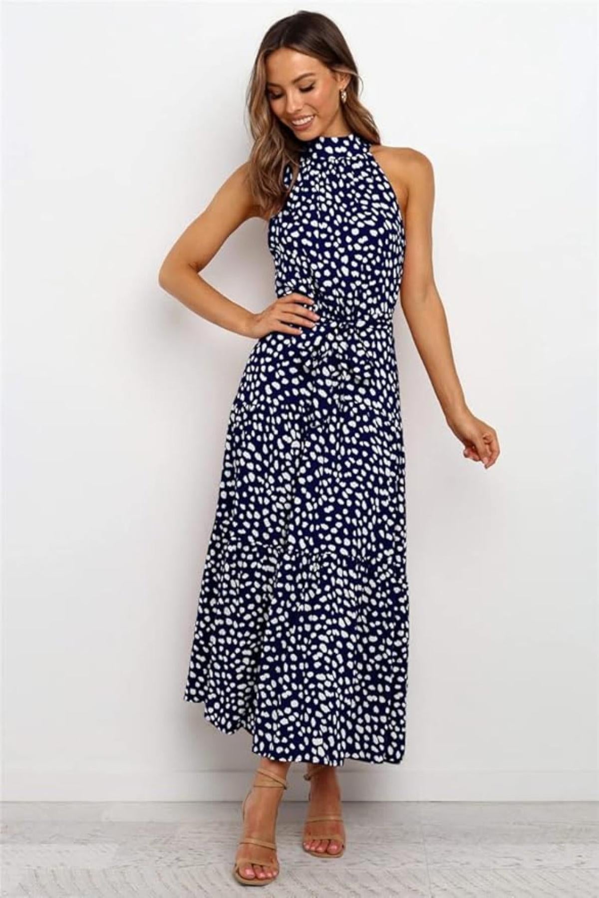 Vestito midi donna — pois, scollo all'americana, cintura annodata in vita