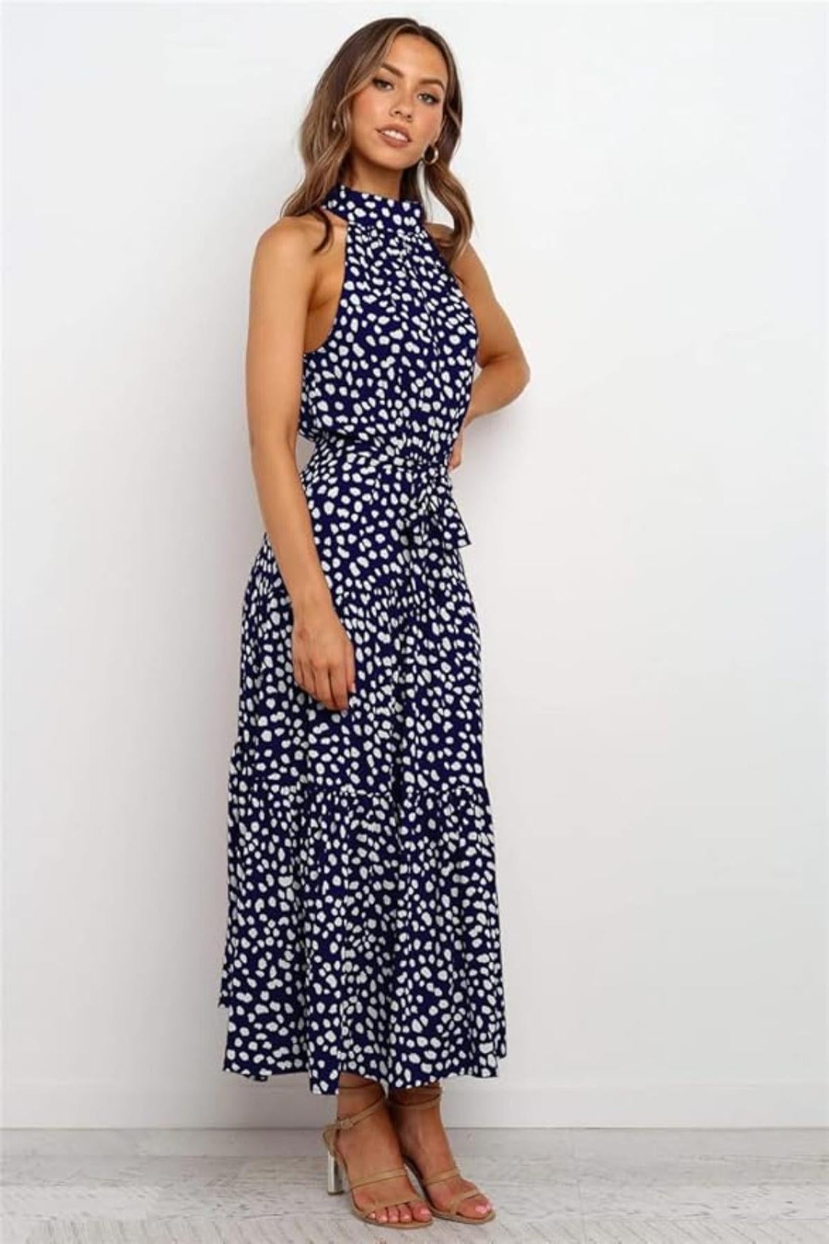 Vestito midi donna — pois, scollo all'americana, cintura annodata in vita