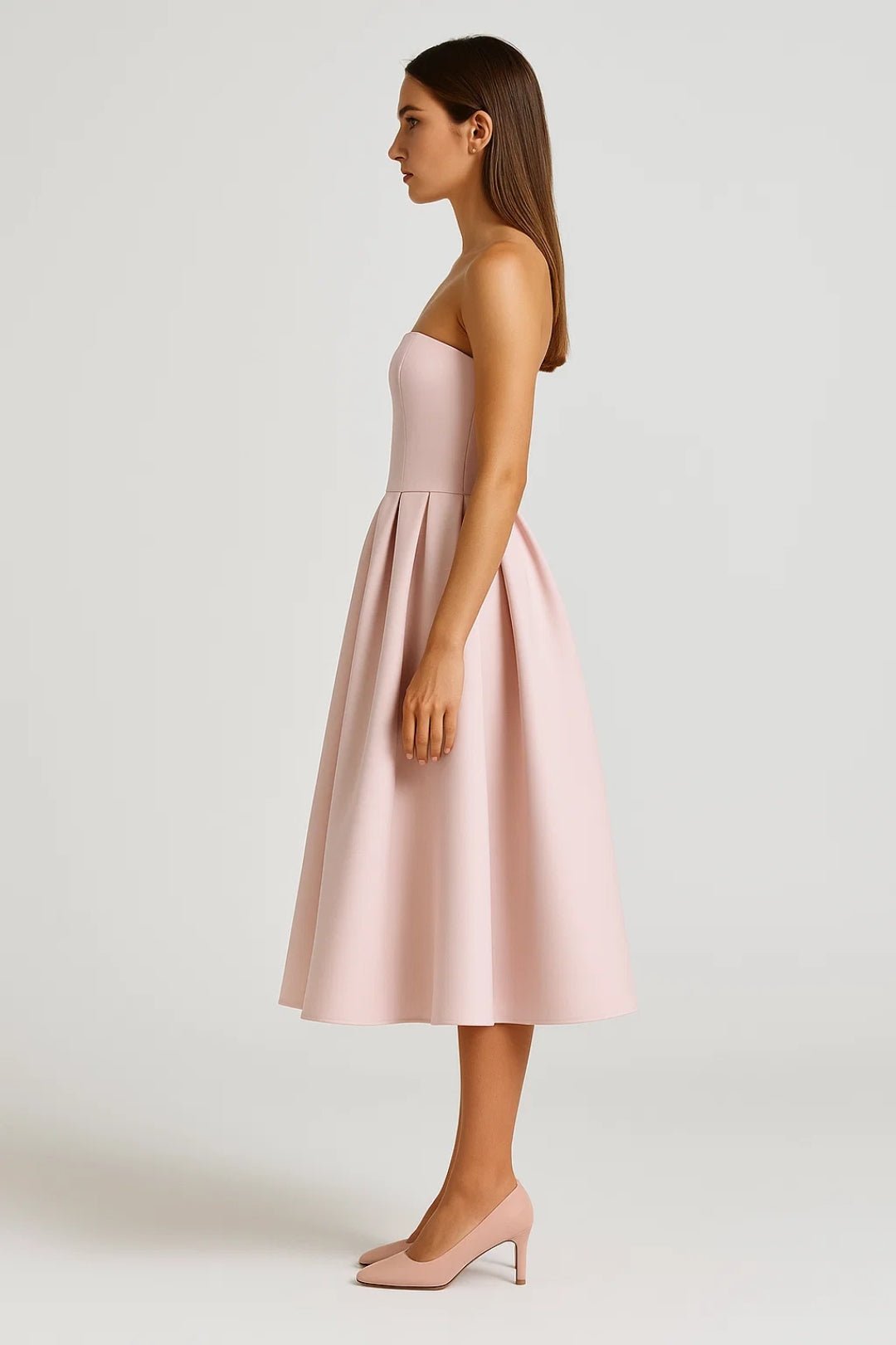 Robe midi pour femme — Bustier ajusté sans bretelles, jupe évasée