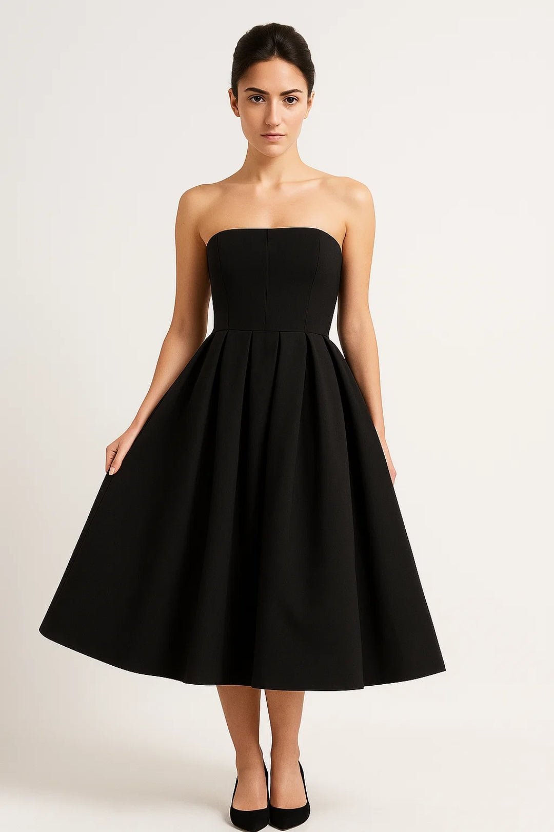 Robe midi pour femme — Bustier ajusté sans bretelles, jupe évasée
