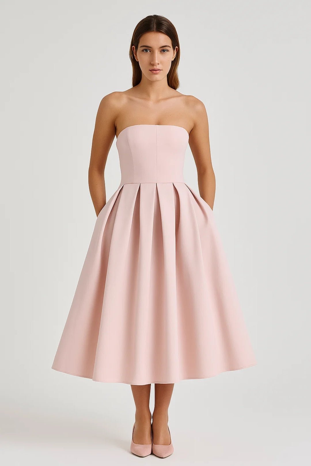 Robe midi pour femme — Bustier ajusté sans bretelles, jupe évasée