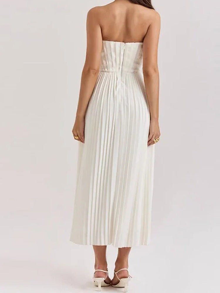 Damen Midikleid — Trägerlos Ärmellos Falten Oberteil & Rock