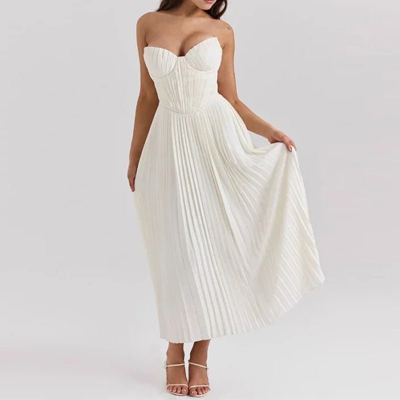 Damen Midikleid — Trägerlos Ärmellos Falten Oberteil & Rock