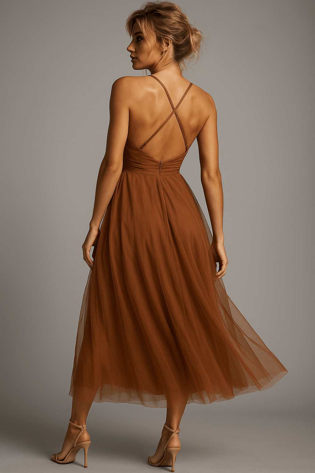 Vestido midi para mujer — ajuste corsé, tirantes finos y busto fruncido