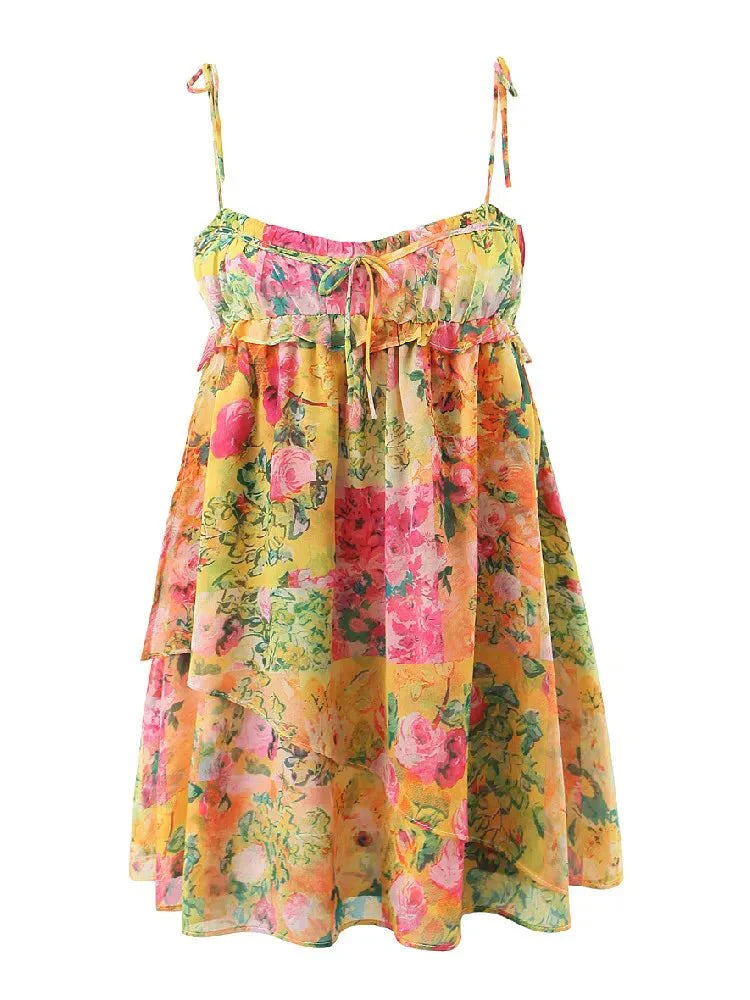 Damen-Minikleid — Blumenmuster, gestufte Struktur, Sommerstil