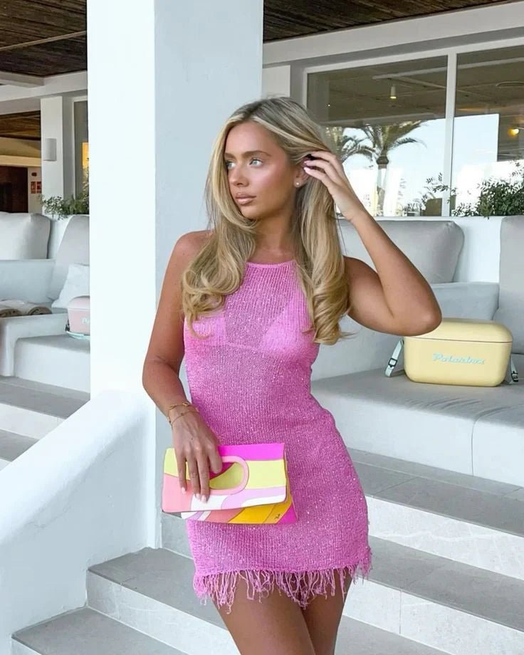 Robe mini pour femme — Paillettes, sans manches, ourlet à franges, design de soirée