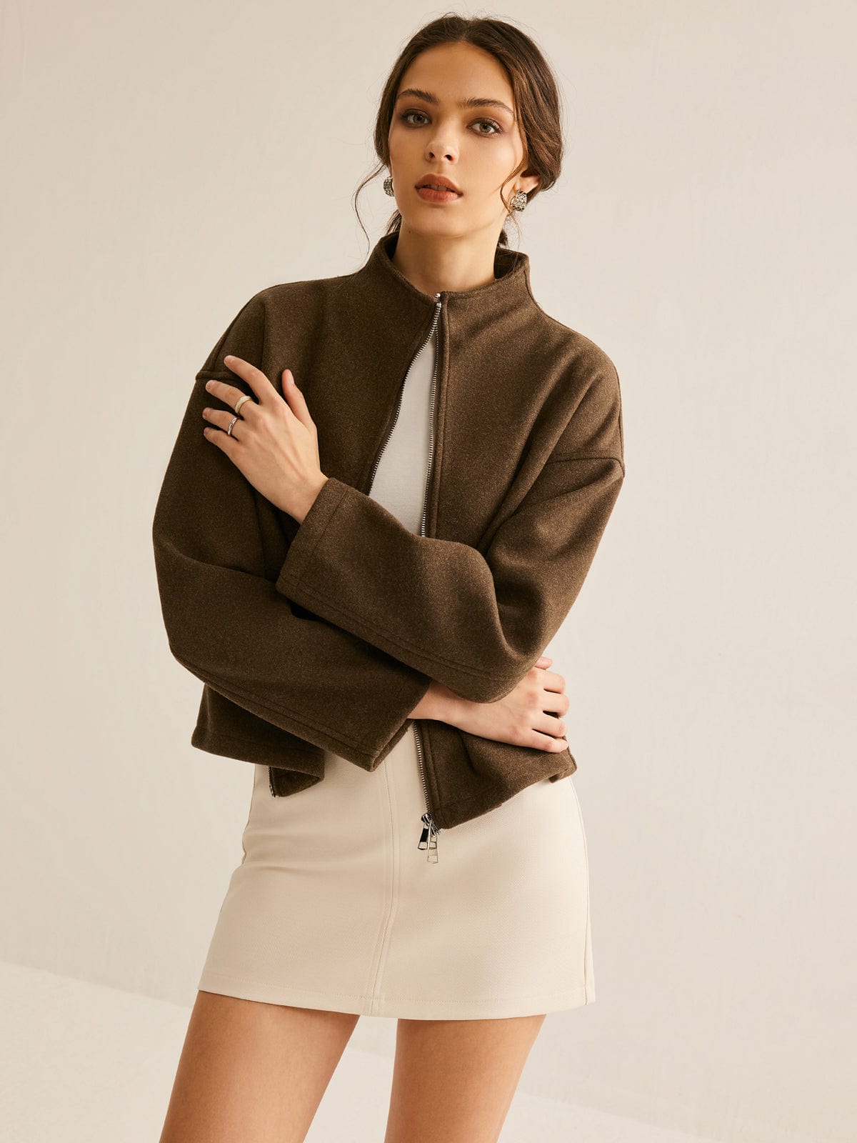 Cappotto corto da donna — Collo alla coreana con chiusura a zip