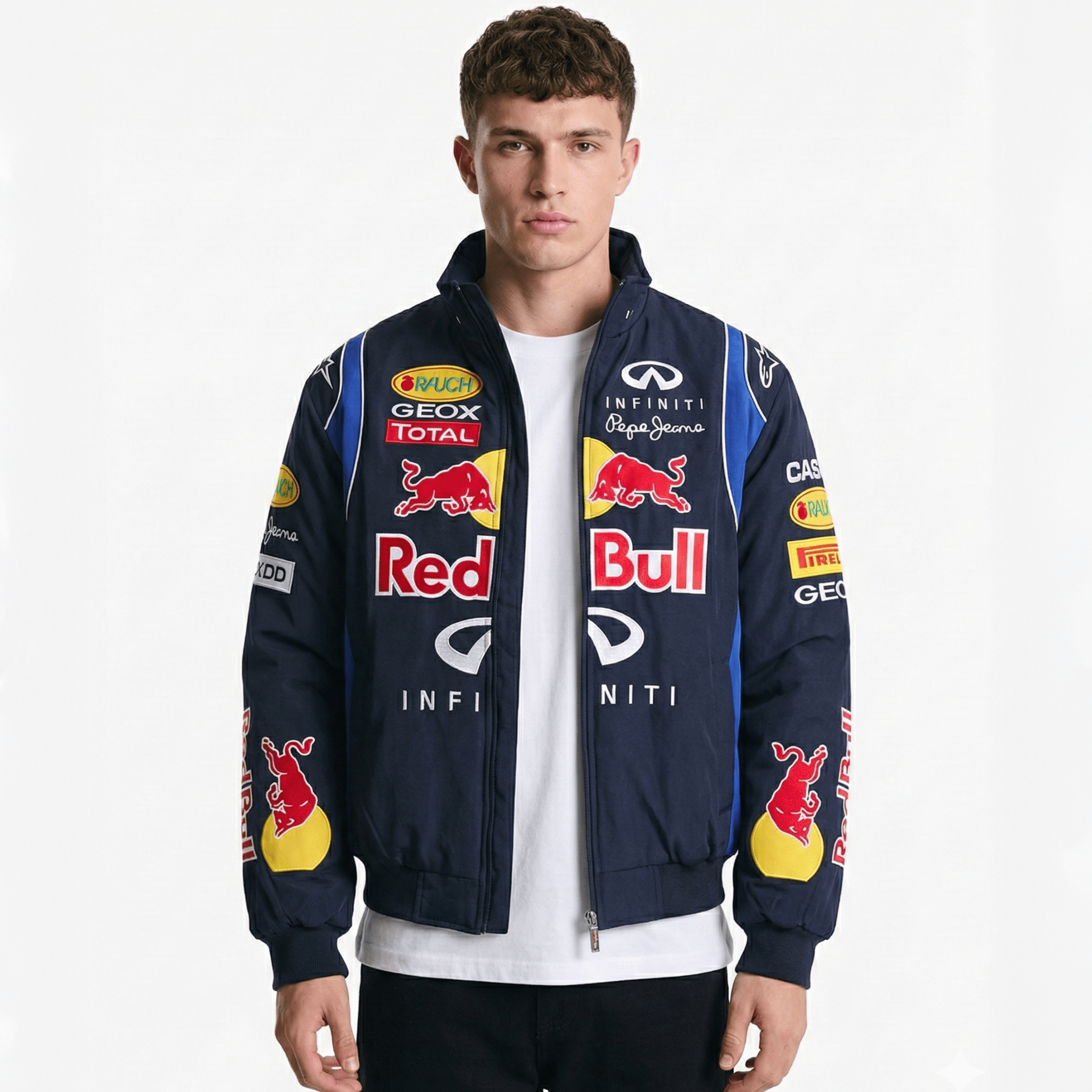 Chaqueta del Equipo de Carreras Red Bull Racing F1 - Bomber azul marino Motorsport con patrocinadores bordados