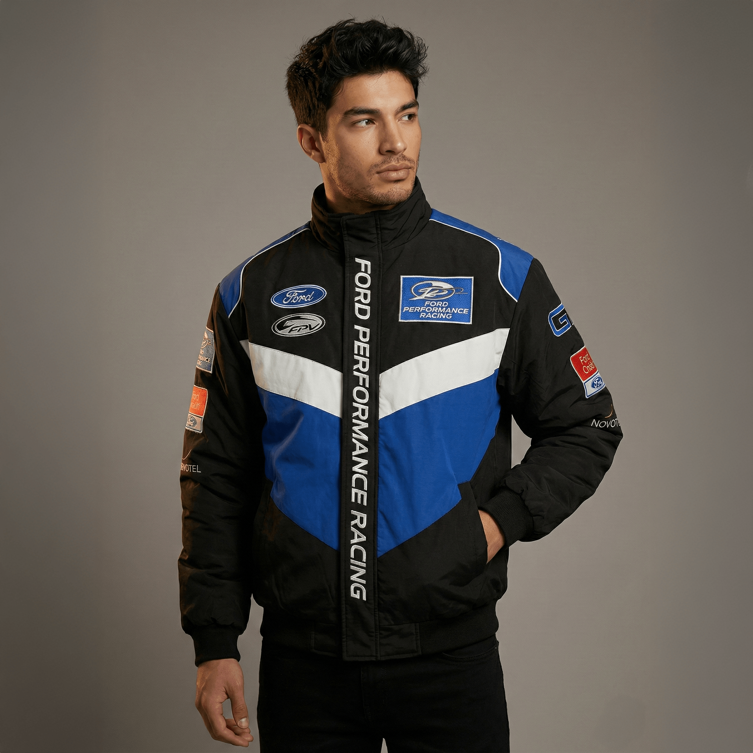 Chaqueta del Equipo de Carreras Ford Performance – Abrigo con cremallera azul y negro Motorsport