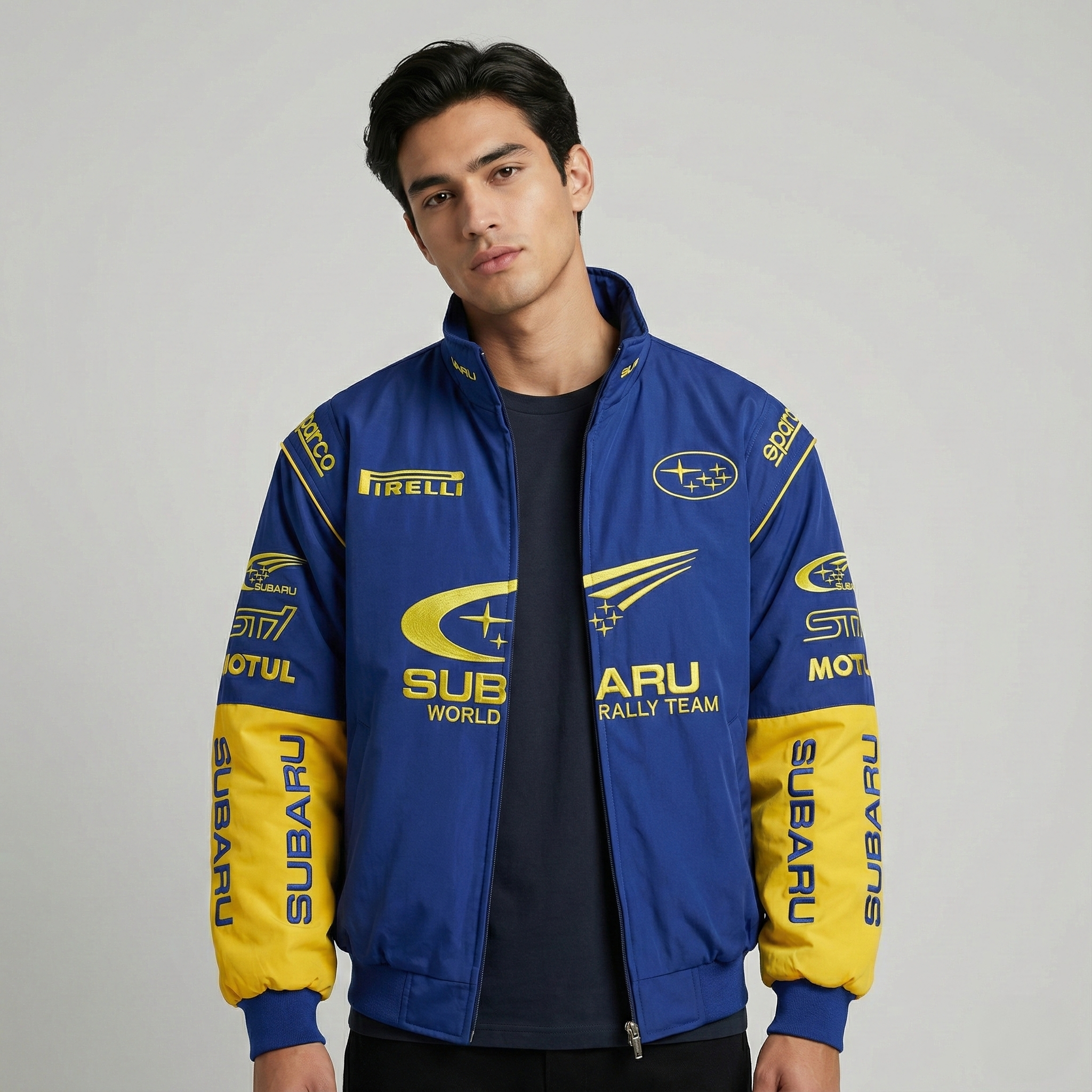 Chaqueta del Equipo de Rally Mundial Subaru – Abrigo con cremallera azul y amarillo Motorsport Racing