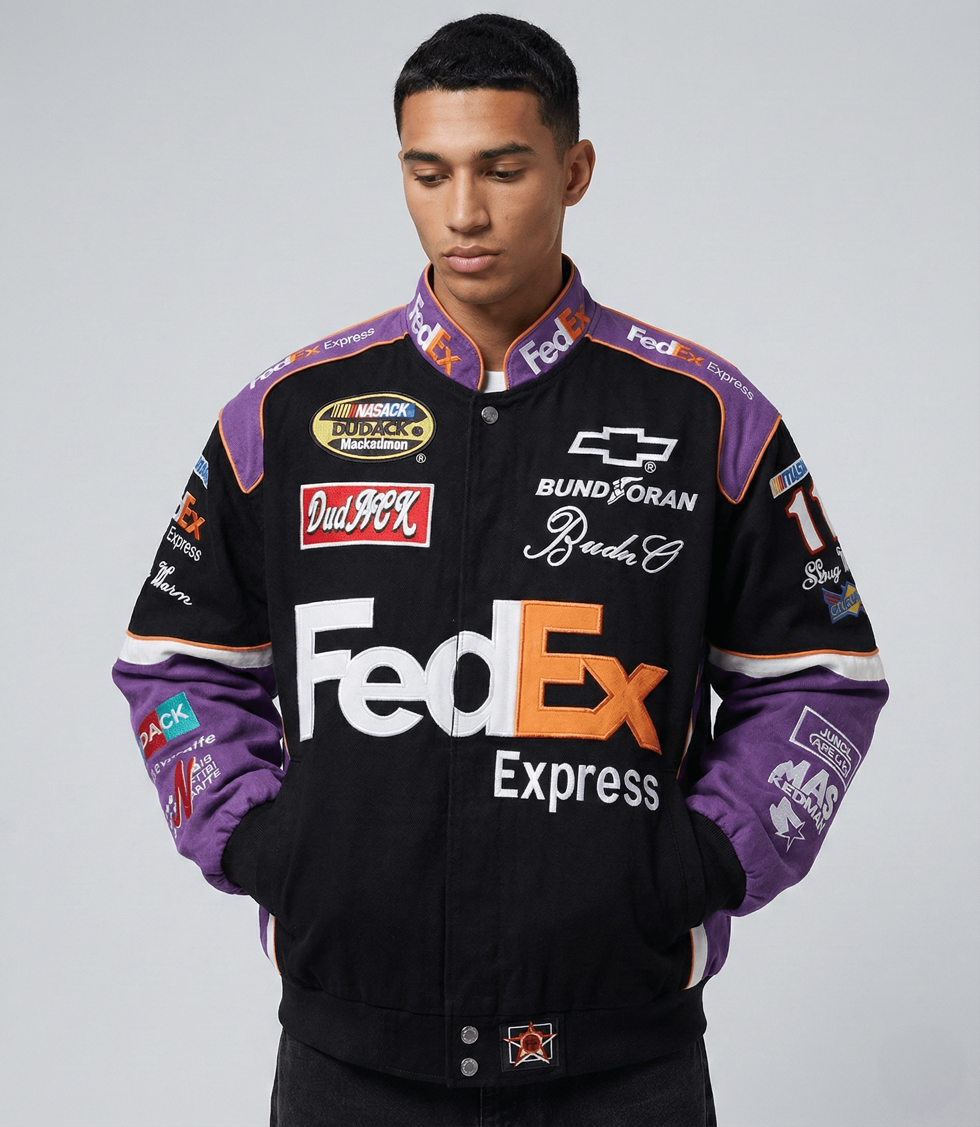 Chaqueta de Carreras FedEx Nascar – Abrigo Motorsport negro/morado bordado