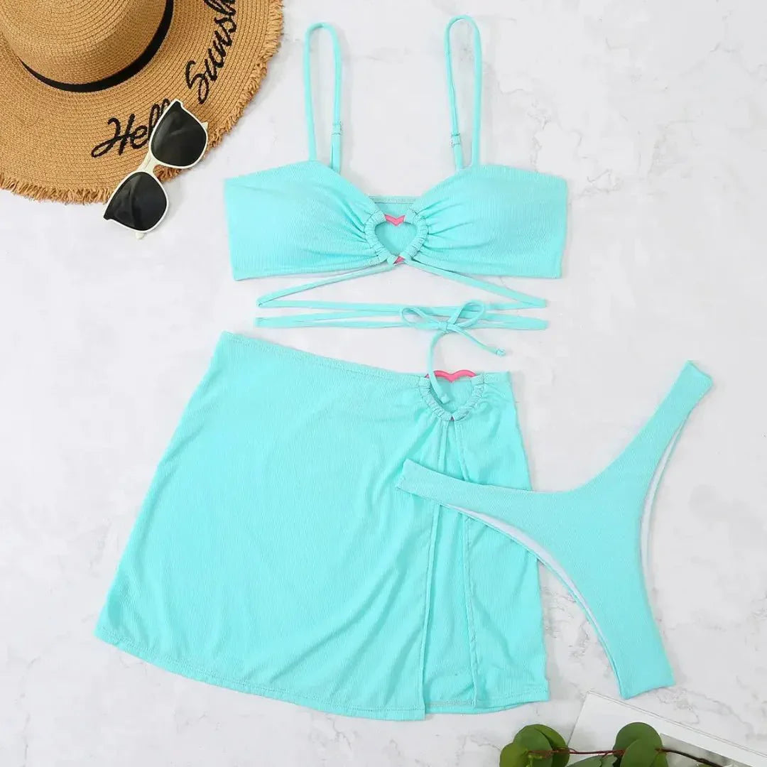 Set bikini da donna, tre pezzi, spalline posteriori regolabili