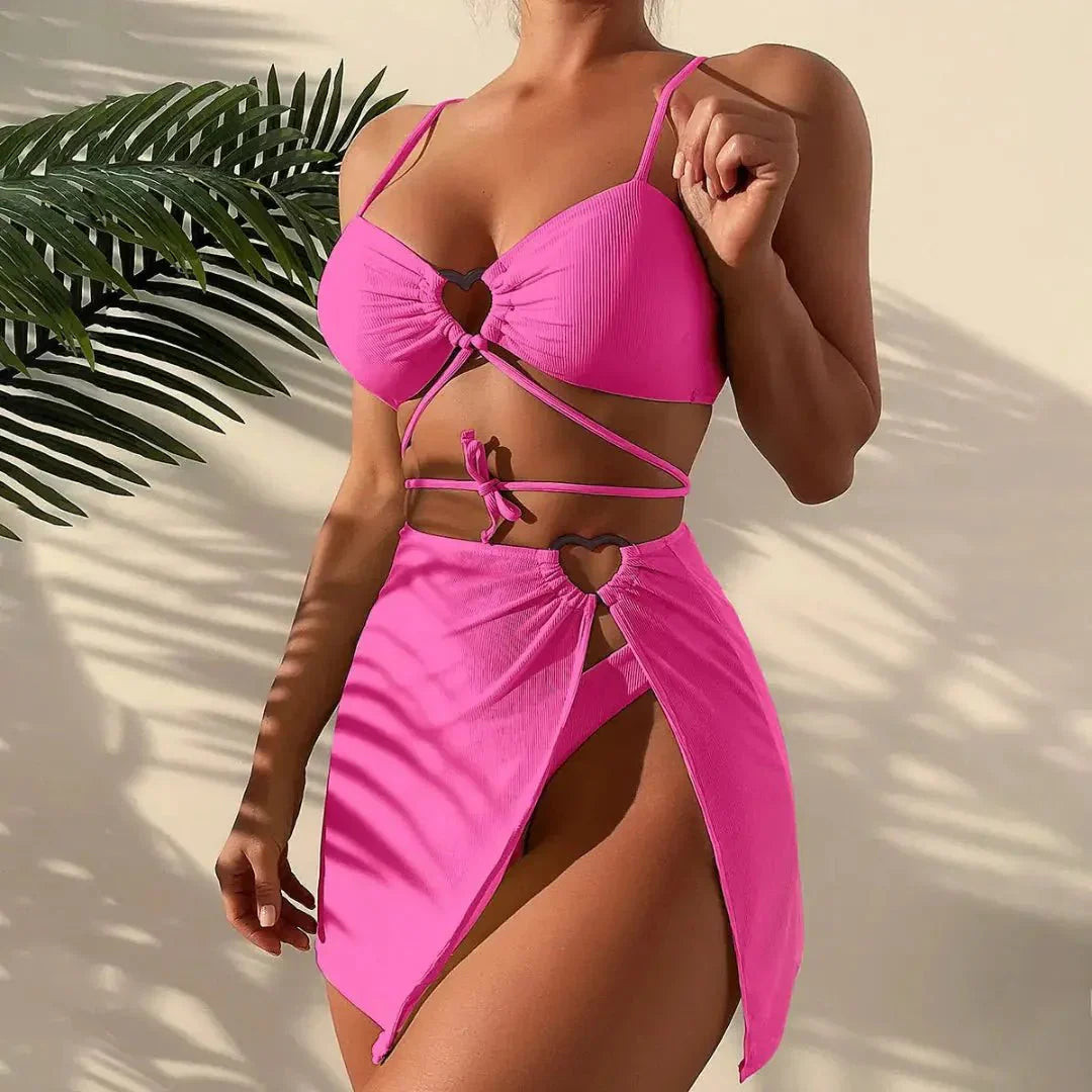 Set bikini da donna, tre pezzi, spalline posteriori regolabili