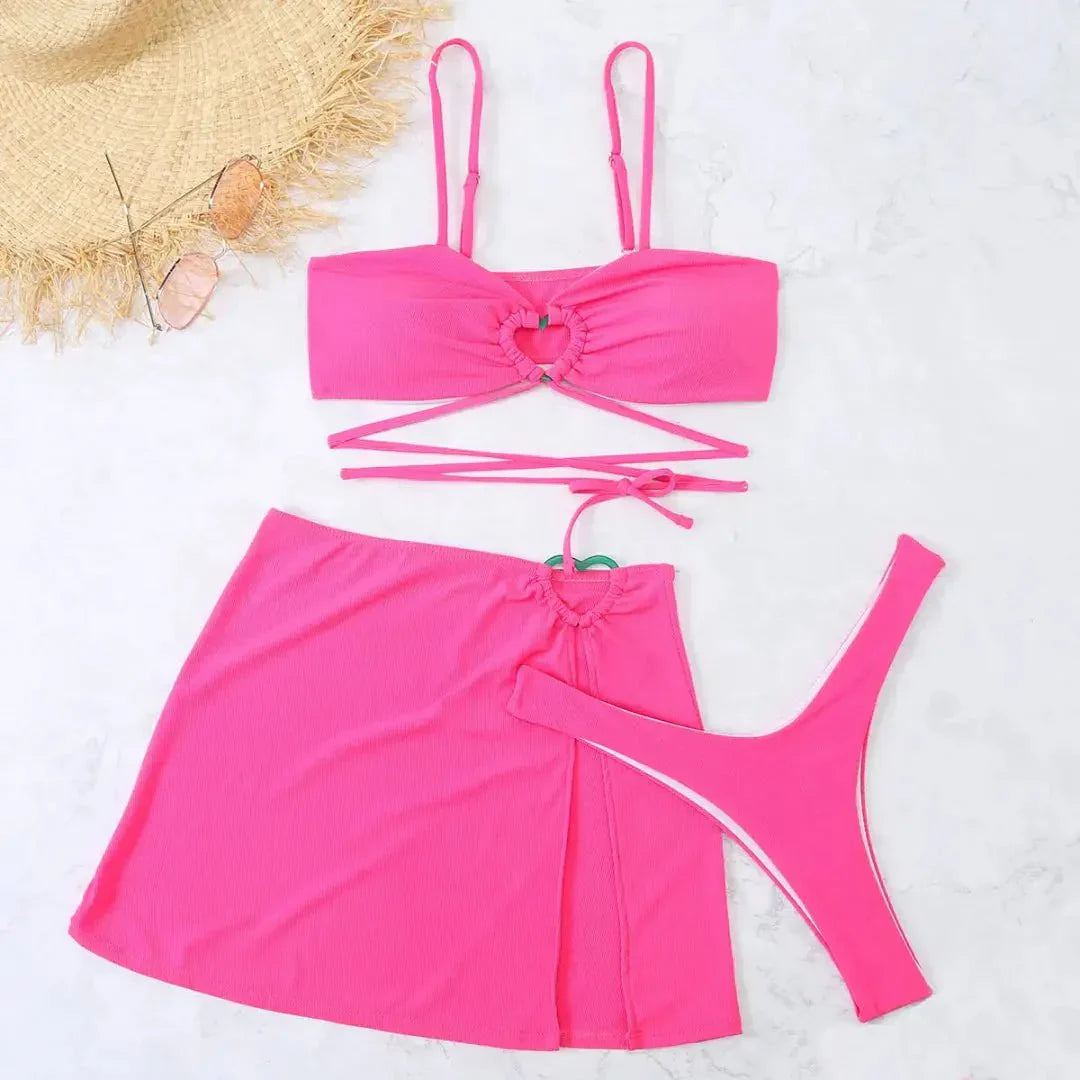 Set bikini da donna, tre pezzi, spalline posteriori regolabili