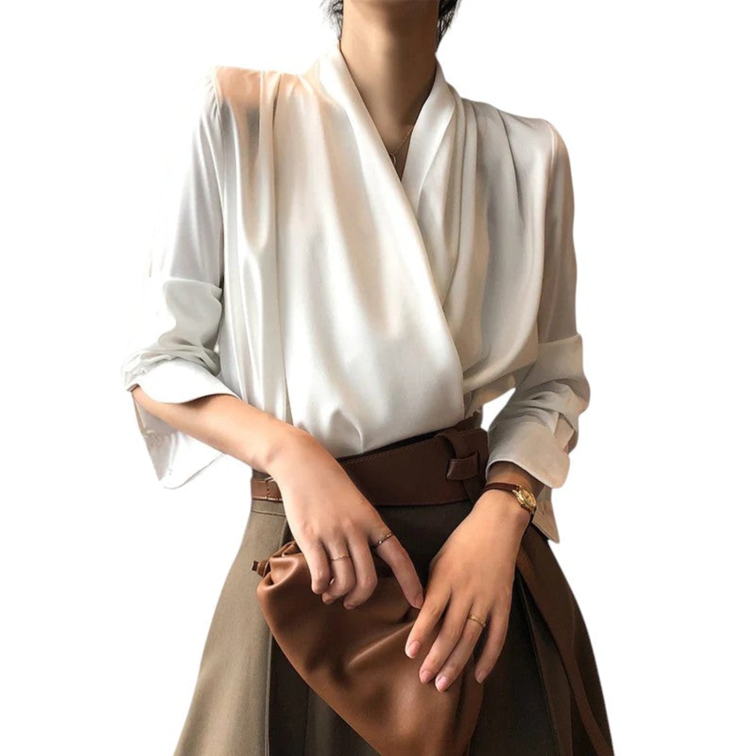 Blusa para mujer de manga larga suave con pliegues y caída