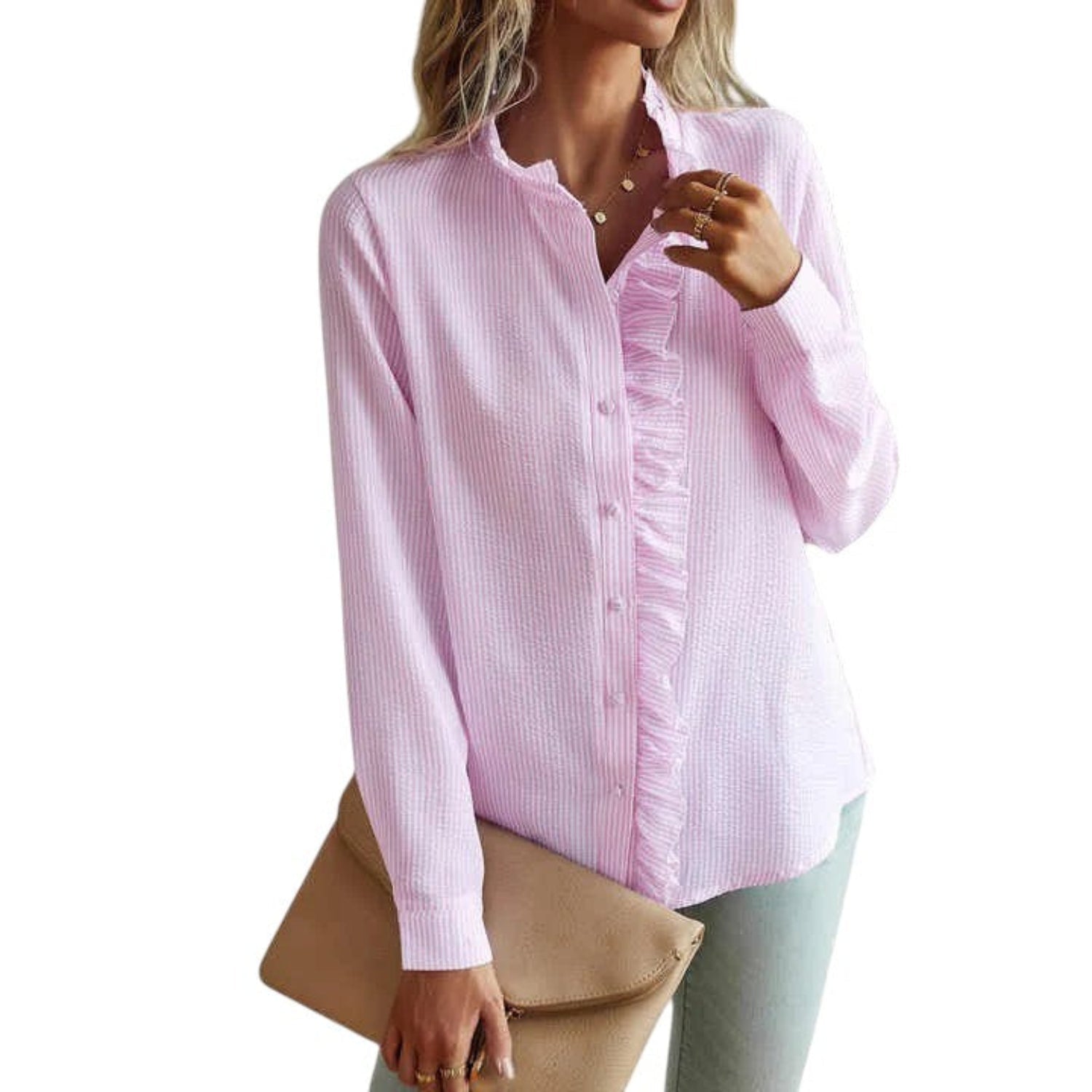 Camicia donna a righe con maniche lunghe, vestibilità classica