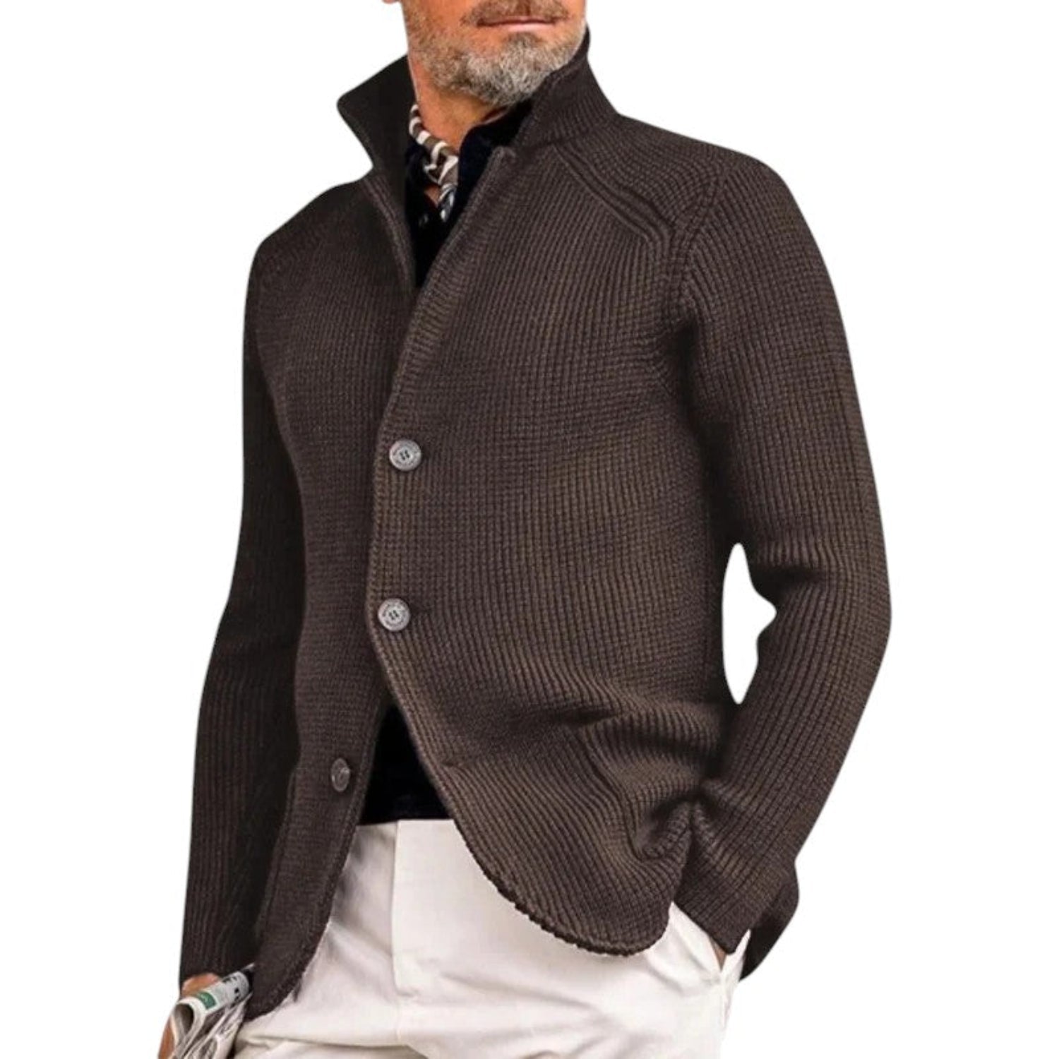 Cardigan Herren Gestrickter Knopfverschluss Gerippter Pullover Klassischer Eleganter Stil
