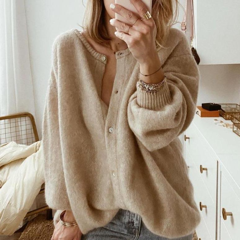 Cardigan da donna caldo ed elegante a maniche lunghe, maglione a girocollo
