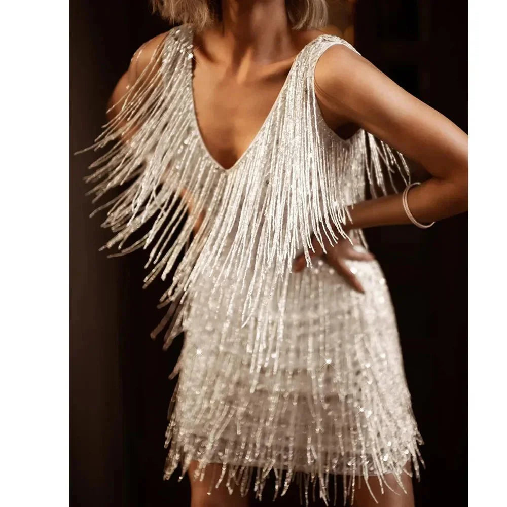 Abito da cocktail da donna vestibilità a-line con frange e dettagli in paillettes