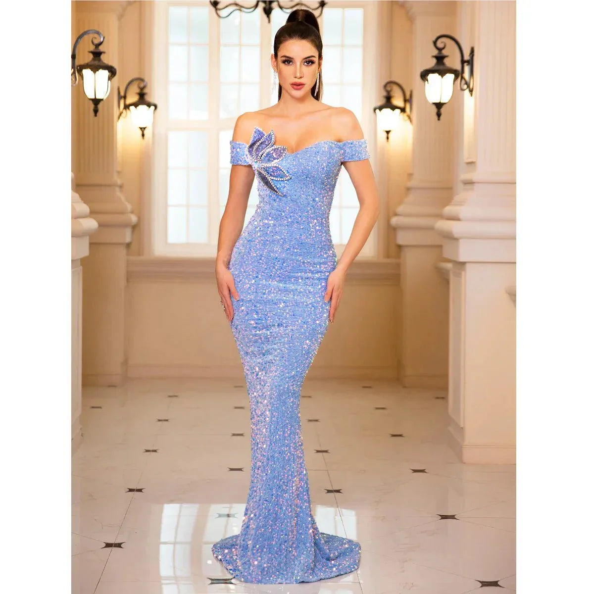 Avond maxi-jurk voor dames met strass-steentjes, elegante jurk