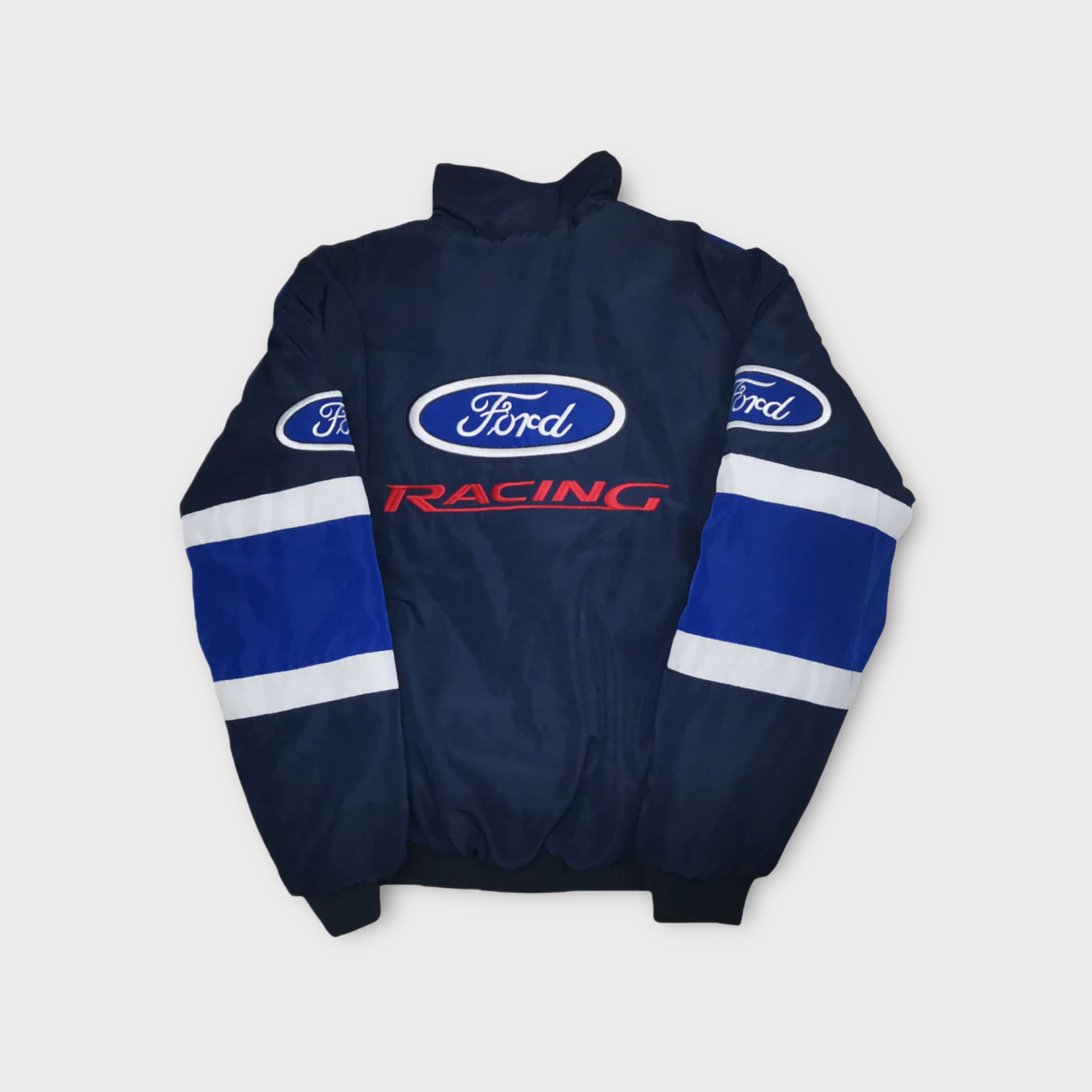Chaqueta del Equipo de Carreras Ford – Estilo vintage con cremallera azul y blanca