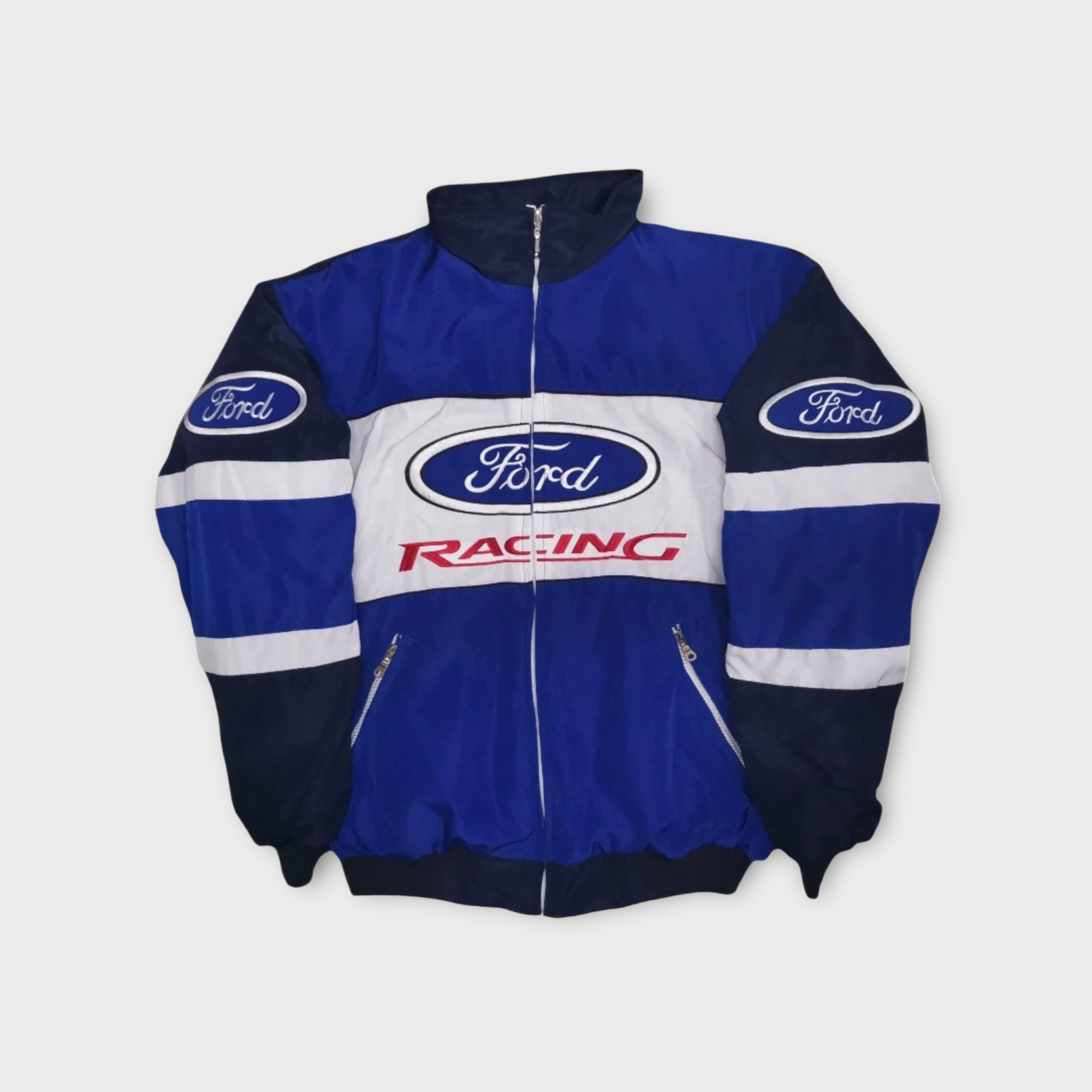 Chaqueta del Equipo de Carreras Ford – Estilo vintage con cremallera azul y blanca