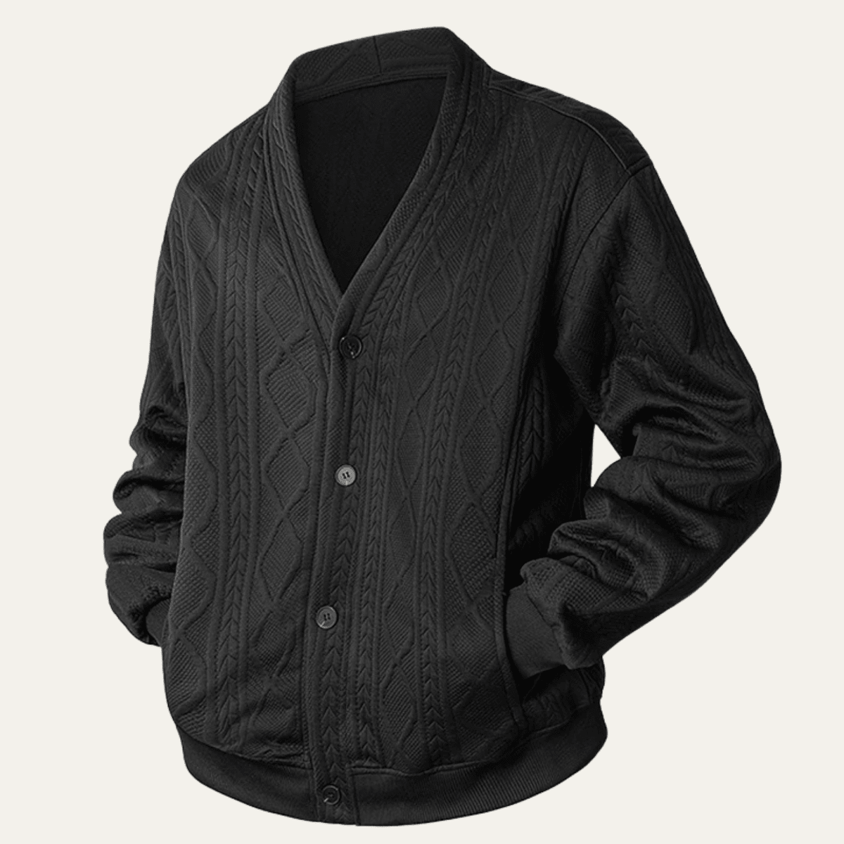 Cardigan Homme — Tricot Câble Col V Motif Losanges Boutons Devant