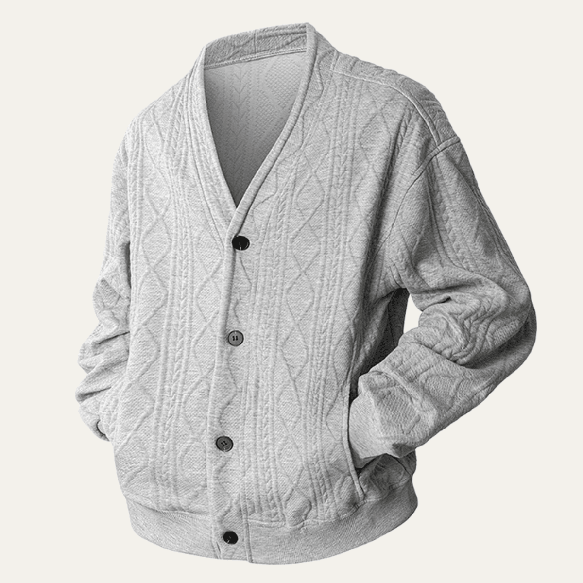 Cardigan Homme — Tricot Câble Col V Motif Losanges Boutons Devant