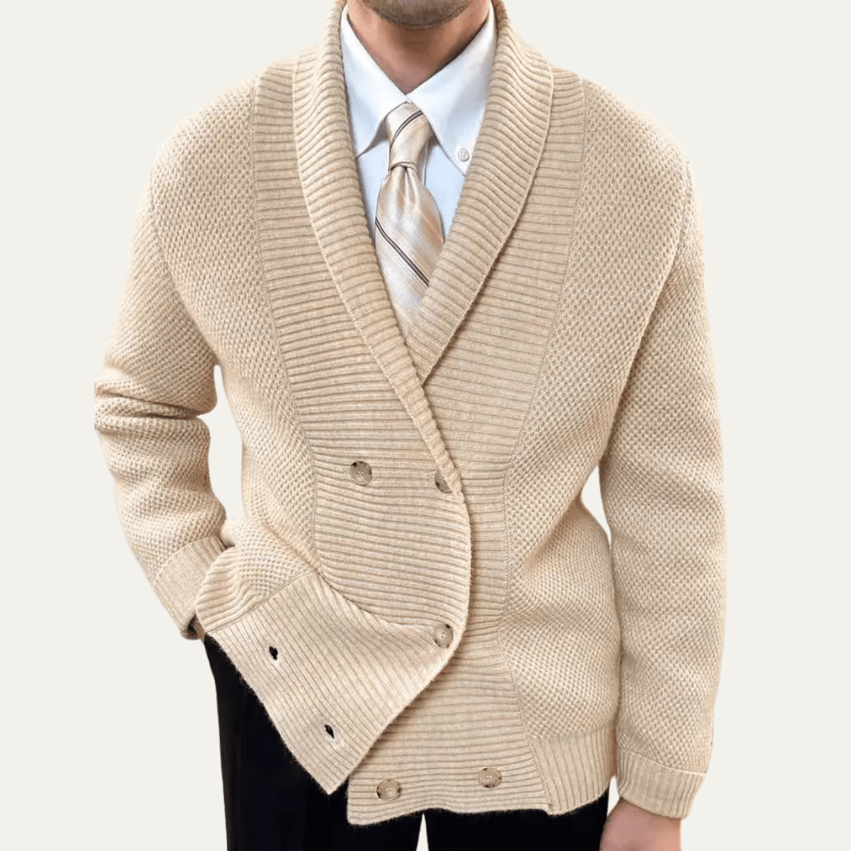 Cardigan Homme — Col Châle Double Boutonnage Design Tricoté