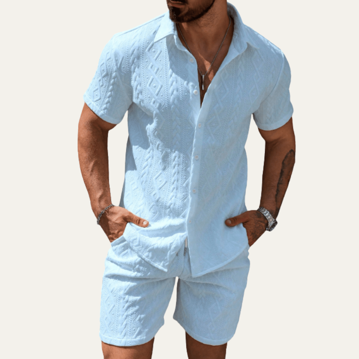 Ensemble coordonné homme — Chemise tricotée, coupe décontractée, short assorti