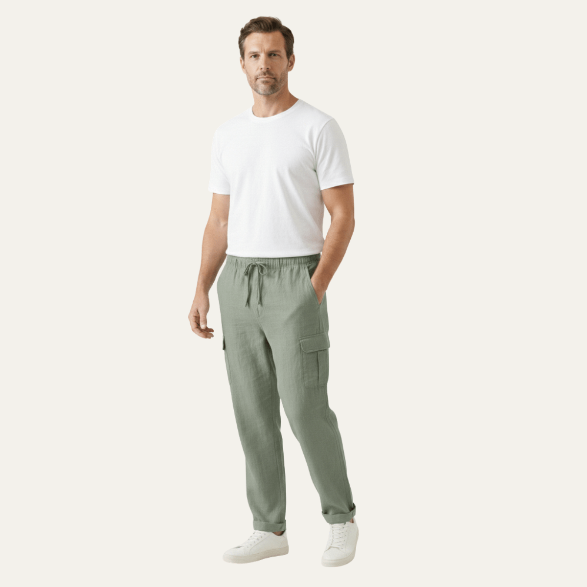 Pantaloni cargo da uomo in lino - vestibilità ampia, design con molte tasche